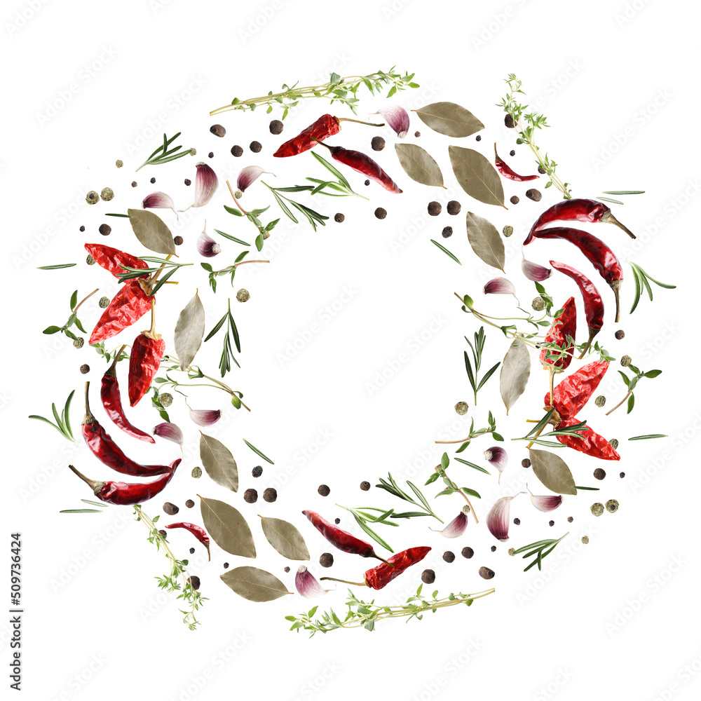 Naklejka premium Many different spices flying on white background