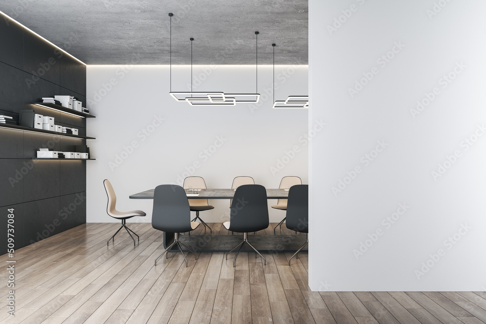 Blank light grey wall with empty place in modern meeting room with bookshelves on dark wall, stylish conference table surrounded by chairs on wooden floor and concrete ceiling. 3D rendering, mockup Blank light grey wall with empty place in modern meeting room with bookshelves on dark wall, stylish conference table surrounded by chairs on wooden floor and concrete ceiling. 3D rendering, mockup