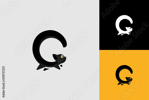 Initial C Letter Logo with cat, minimalist letter logo template design, black cat logo vector