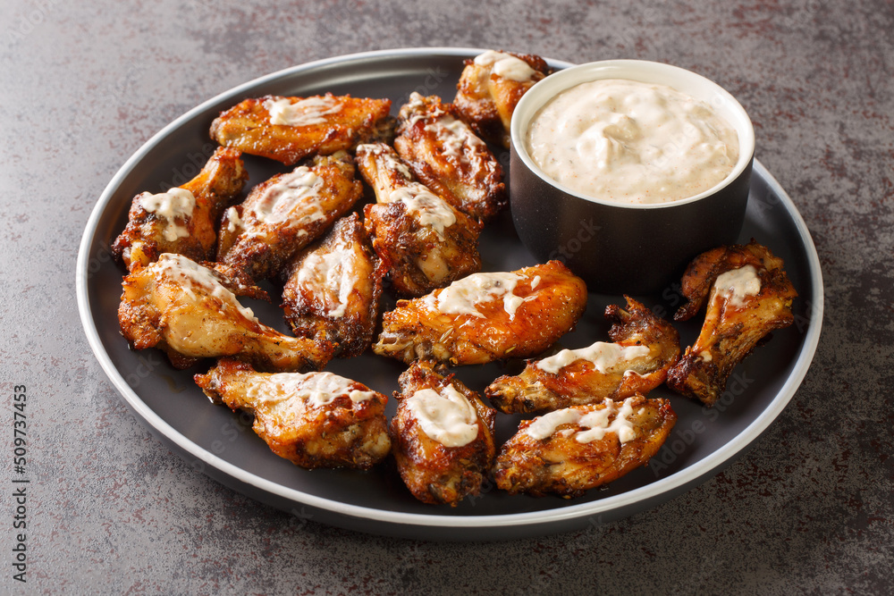 Portion of grilled chicken wings with Alabama white barbecue sauce close-up in a plate on the table. Horizontal Portion of grilled chicken wings with Alabama white barbecue sauce close-up in a plate on the table. Horizontal