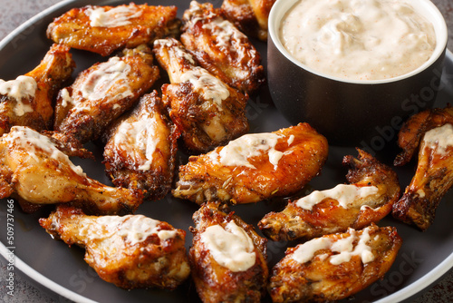 Tasty Chicken Wings with Alabama White Barbecue Sauce close-up in a plate on the table. Horizontal