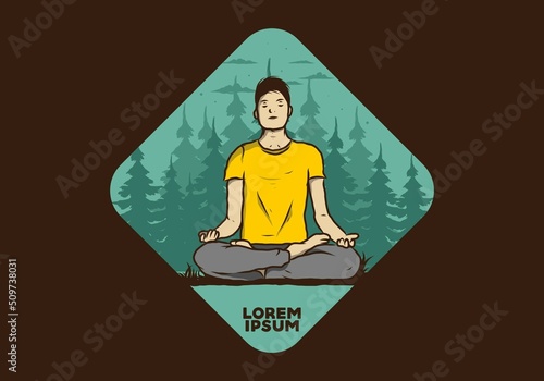 illustration of a someone doing yoga and meditating outdoors in a forest in nature among pine trees