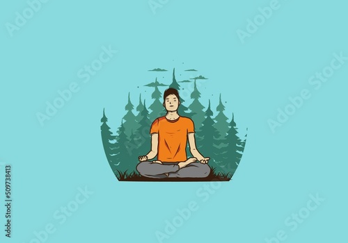 illustration of a someone doing yoga and meditating outdoors in a forest in nature among pine trees