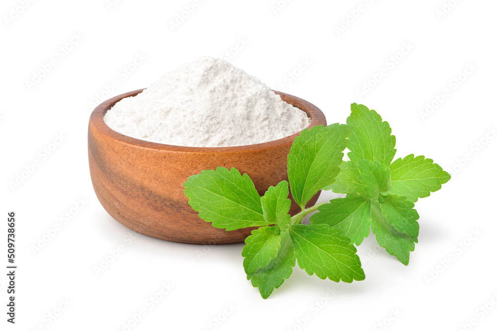 Stevia sugar with fresh stevia leaves isolated on white background. - obrazy, fototapety, plakaty 