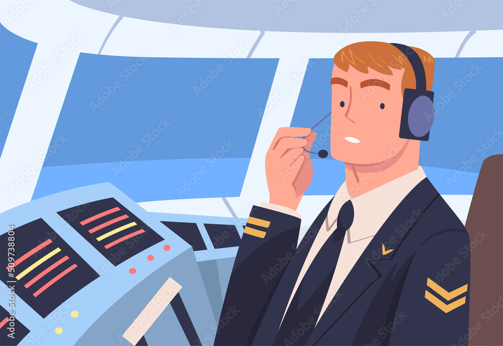 Man Aircraft Pilot or Aviator Sitting Inside Airplane Cabin at Control Panel Vector Illustration - obrazy, fototapety, plakaty 