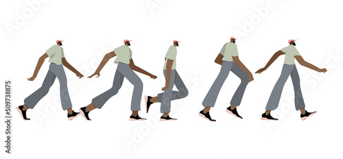 Walk cycle sequence animation. Man in motion, going, stepping side view. Male gait phases, positions. Casual person profile moving. Flat vector illustrations isolated on white background