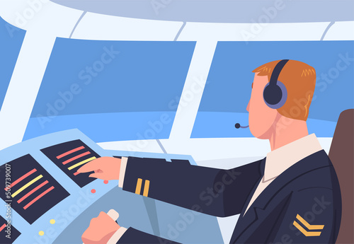 Man Aircraft Pilot or Aviator Sitting Inside Airplane Cabin at Control Panel Vector Illustration