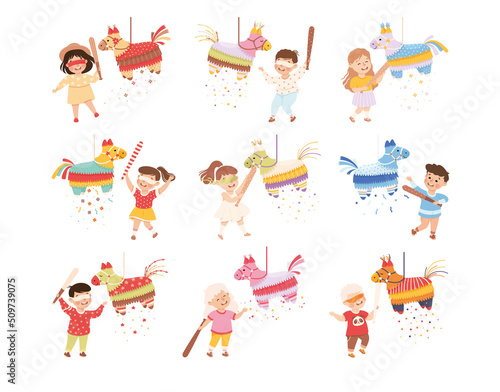 Funny Kids Striking and Hitting Pinata Hanging on String with Stick Vector Set