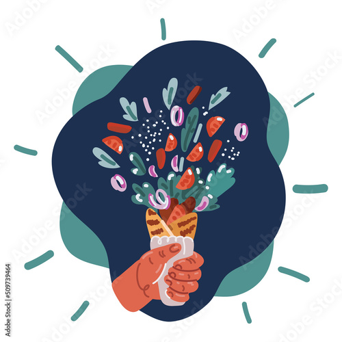 Cartoon vector illustration of Woman holding delicious chicken shawarma