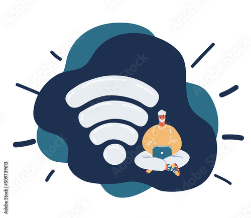 Cartoon vector illustration of People in free internet zone working on laptops sitting on a big wifi sign. Free wifi hotspot, wifi bar, public assess zone, portable device concept.