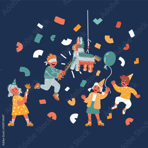 Cartoon vector illustration of kids celebrating piniata