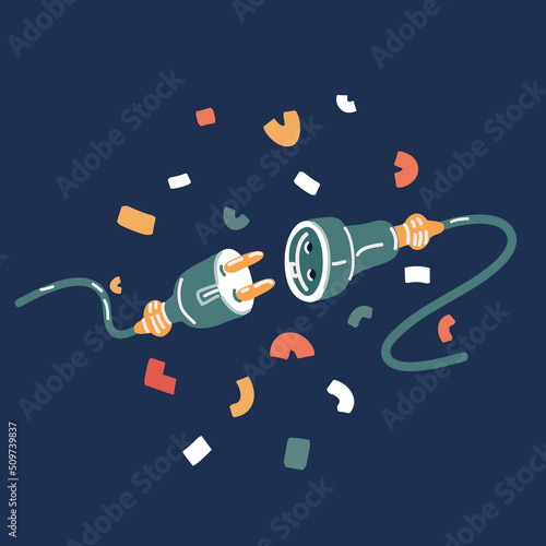 Cartoon vector illustration of Electric socket with a plug. Connection and disconnection concept. Concept of 404 error connection. Electric plug and outlet socket unplugged.