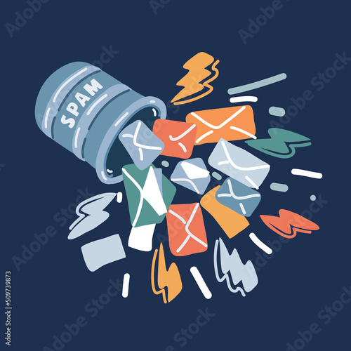 Cartoon vector illustration of processing waste, cleaner. Letters, documents, paper and envelopes are flying to recycling bin. Spam concept