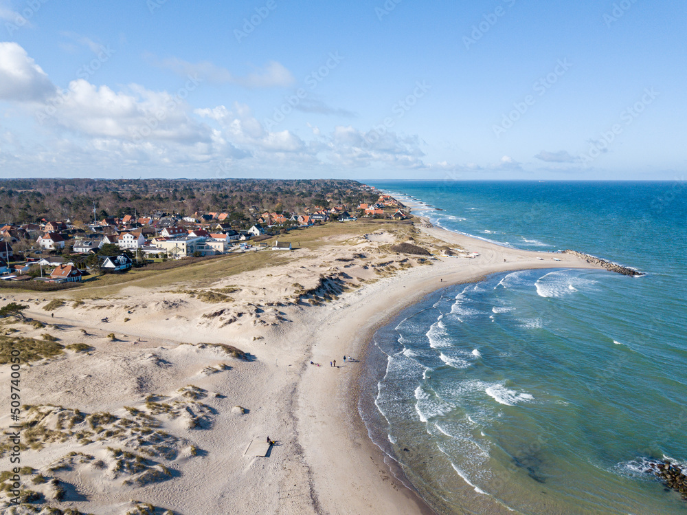 Liseleje, Denmark - April 4, 2020: Aerial drone view of the beach and the village at Liseleje