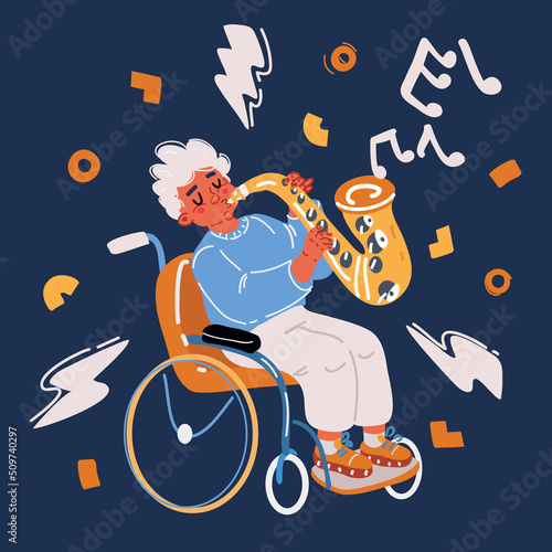 Cartoon vector illustration of a special child on wheelchair is playing with musical equipment happily on the playground. Life in the education age of children.