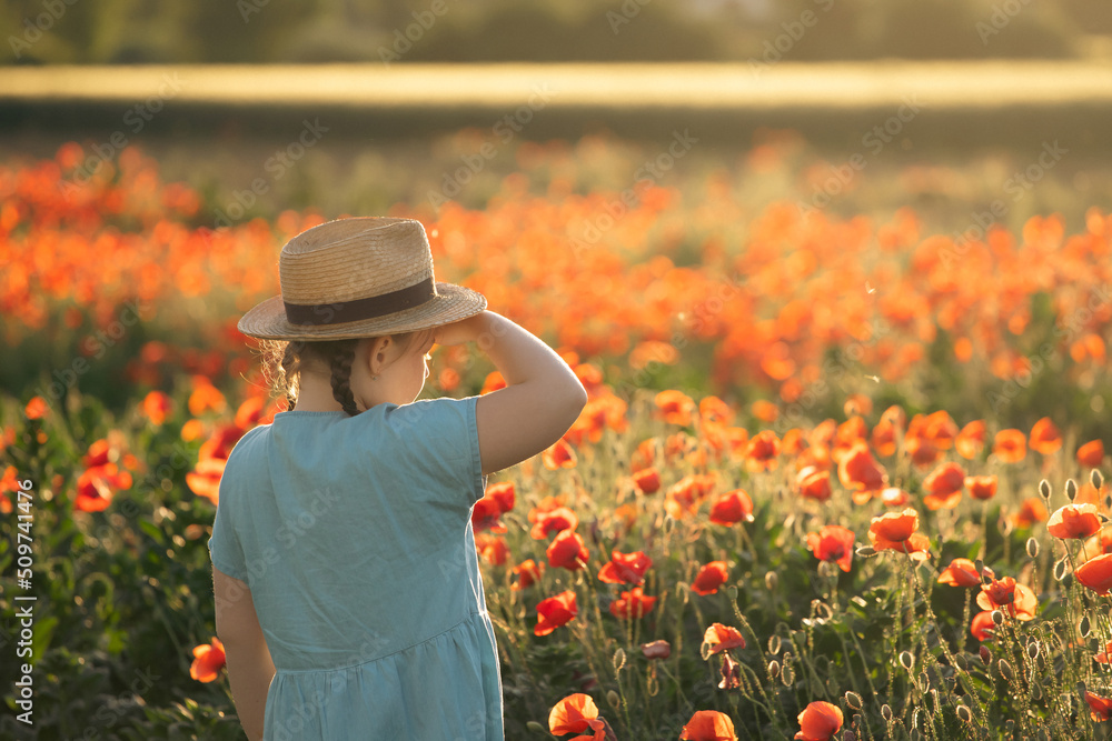 Child girl in a field of red poppies enjoys nature.