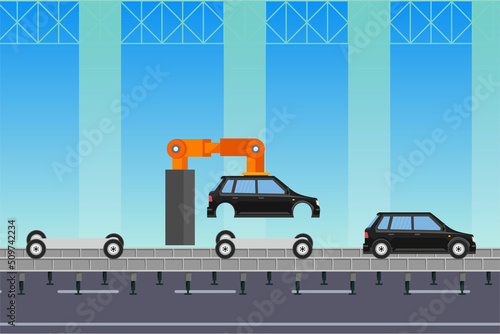 Car manufacture factory work process with car frame and wheels. Assembling car parts inside a factory with robotic hands. Artificial intelligence makes cars with a robot inside a vehicle factory.