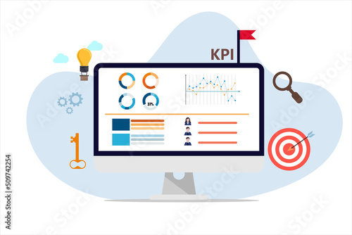 KPI, Key Performance Indicator concept, BusinessMan and cube text KPI, worker performance, performance results, Staff management, business goals, measure success, Flat vector illustration.