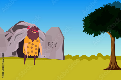 Caveman drawing on a stonewall flat character vector design. Prehistoric Man with a stone cave and big tree vector. Big and hairy cave-dweller with a stone in hand, drawing on a stone.