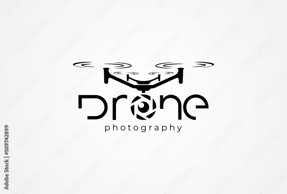 Drone Typography Logo, drone text with letter O as drone camera lens, flat design logo template, vector illustration Drone Typography Logo, drone text with letter O as drone camera lens, flat design logo template, vector illustration