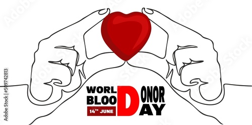 World blood donor day poster on June 14th vector isolated banner or poster. Human donates blood, blood bag, heart and hand vector