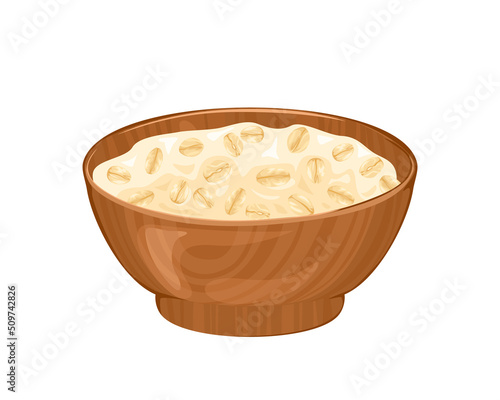 Oatmeal in wooden bowl isolated on white. Vector cartoon illustration of oat flakes porridge. Muesli icon.