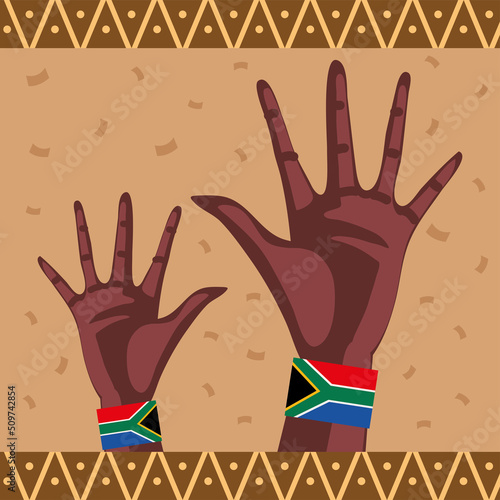 raised black hands south africa flags