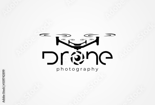 Drone Typography Logo, drone text with letter O as drone camera lens, flat design logo template, vector illustration