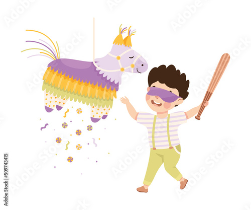 Funny Boy Striking and Hitting Pinata Hanging on String with Stick Vector Illustration