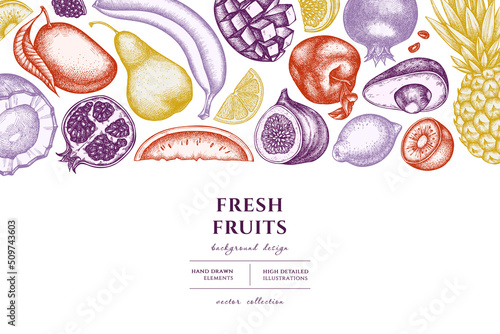 Fruits hand drawn illustration design. Background with vintage bananas, pears, kiwi etc.