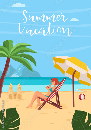 Summer vacation concept background. Beautiful summer beach landscape with sea, palm trees, sand castle. A girl is resting on a chaise longue. Flat vector illustration for poster, banner, flyer.