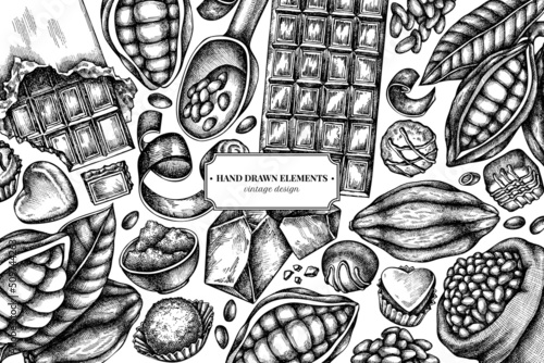 Design with black and white cocoa beans, cocoa, chocolate, chocolate candies