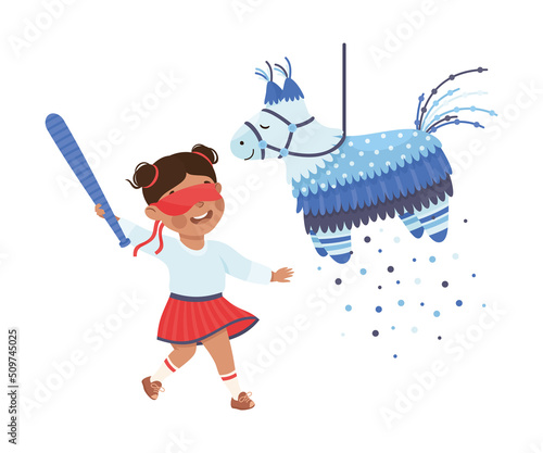 Funny Girl Striking and Hitting Pinata Hanging on String with Stick Vector Illustration
