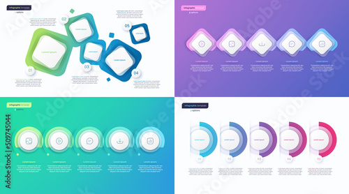 Abstract vector gradient minimalistic infographic templates composed of 5 shapes