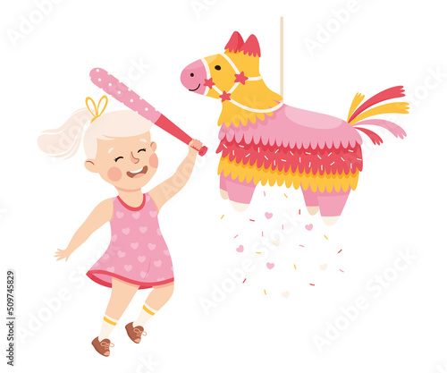 Funny Girl Striking and Hitting Pinata Hanging on String with Stick Vector Illustration