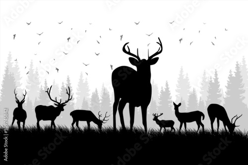 Deer group silhouette. Illustration of a deer eating grass in the desert