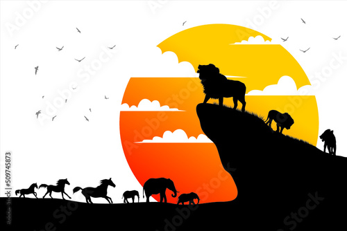 Sunset at the safari park. Wild animal life in wild jungle. Illustration of a roaring lion leading all the animals in a safari park