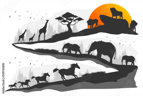 Fototapeta Naklejka Na Ścianę i Meble -  Safari park silhouette. African safari park with wild animals. Illustration of wild animal life in the forest