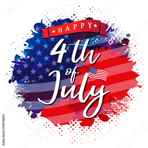 Happy 4th of July with ink grunge USA flag. Happy Independence Day, Fourth July holiday poster. American greeting card for national holiday. Patriotic calligraphy vector illustration