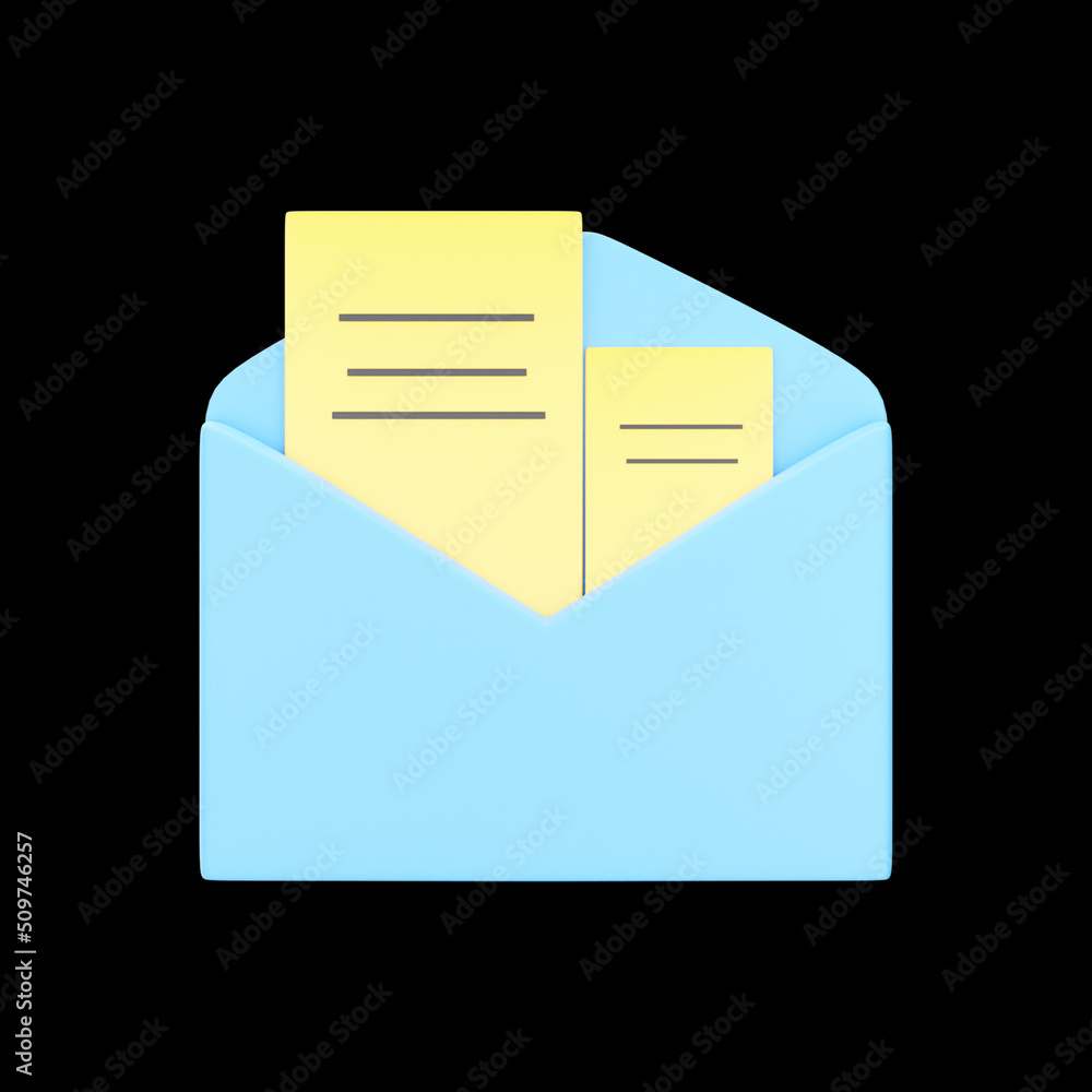 3D Illustration Of Double Notes In Envelope Blue And Yellow Element Against Black Background.