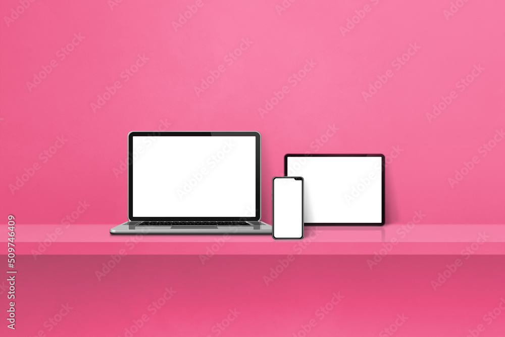 Laptop, mobile phone and digital tablet pc on pink wall shelf. Horizontal background Laptop, mobile phone and digital tablet pc on pink wall shelf. Horizontal background