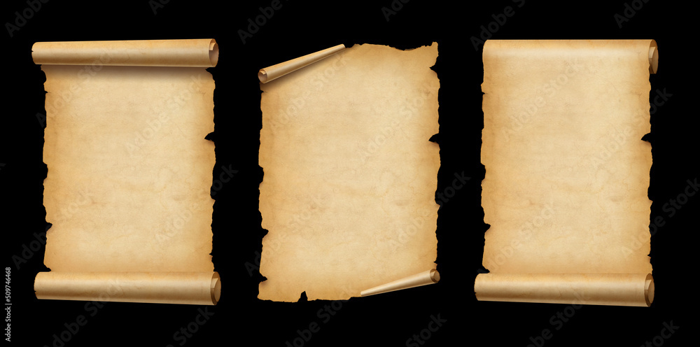 Old Parchment paper scroll set isolated on black. Vertical banners