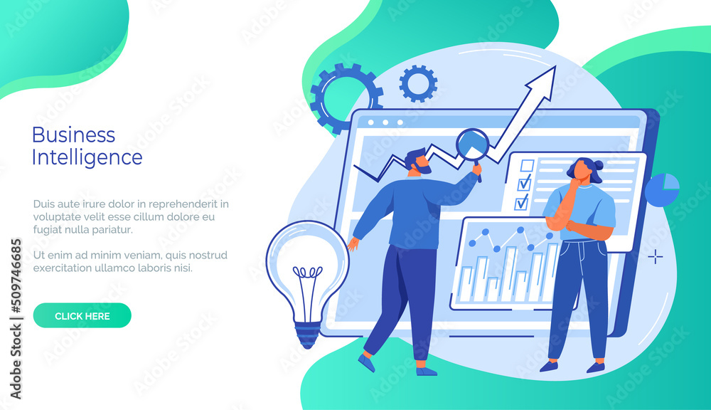 Business intelligence concept. Website landing page template. People work with financial data for business development. Colleagues analyze statistical indicators. Successful work with project