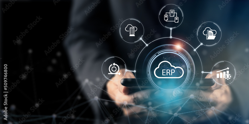 Cloud ERP, Enterprise Resource Planning  concept. Providing for team advanced capabilities, AI to automate operational processes, react in real time, automatic updates and gain a competitive advantage