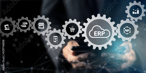 Cloud ERP, Enterprise Resource Planning concept. Efficiency solution for managing business value chain,.automate operational processes, react in real time, automatic updates, data driven decisions.