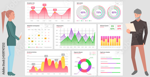 Analytics information and development statistics. Web analysis measure, product testing technology. Man analyses dashboard seo optimization, digital report. Statistical indicators and data on diagram