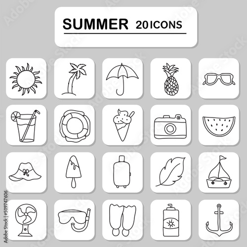 20 Summer Line Art Doodle Icon Set On Sqaure Grey And White Background.