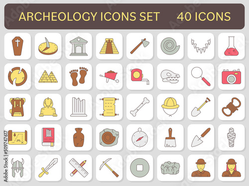 Colorful Set Of Archeology Icons In Flat Style.