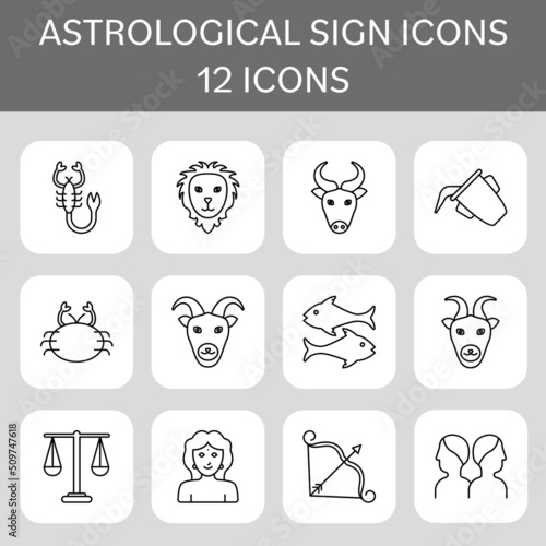 Black Line Art Set Of Astrological Symbols Icons On Grey Sqaure Background.