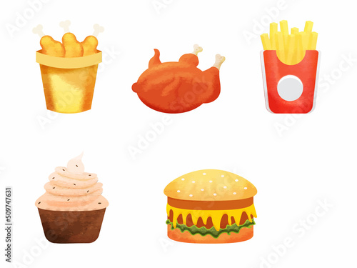 Chicken With French Fries, Cupcake And Burger Unhealthy Food Element Set.